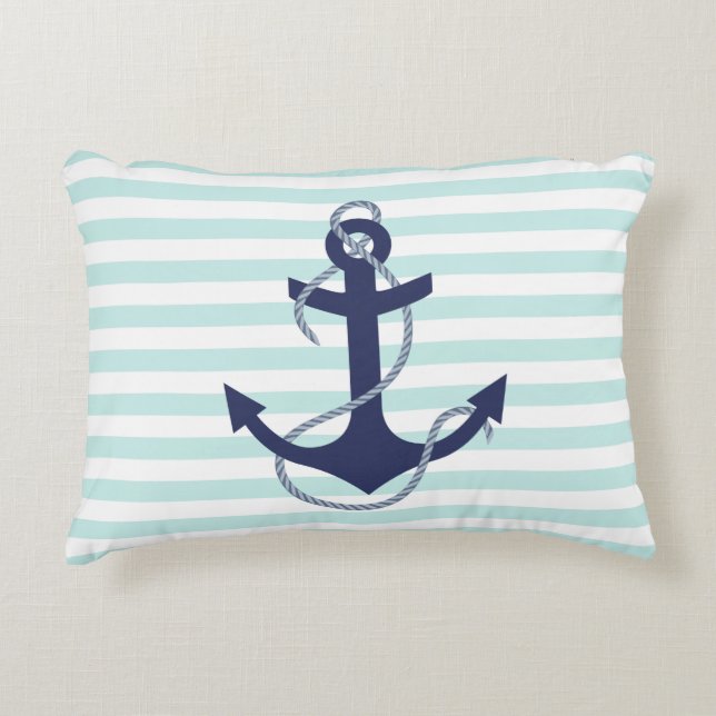 Coussins Décoratifs Ancre nautique de bleu marine d'Aqua et de rayures (Devant)