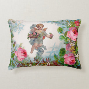 COUSSINS DÉCORATIFS ANGE ROMANTIQUE RASSEMBLANT ROSES ET FLEURS ROSES 