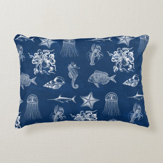 Coussins Décoratifs Aquarelle bleu marine Océan Animaux marins (Devant)