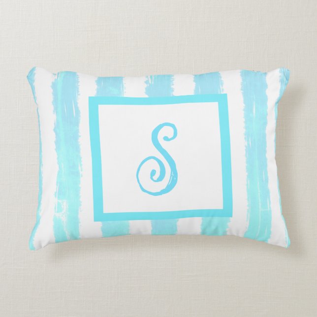 Coussins Décoratifs Aquarelle bleu Momogramme Rayures géométriques (Devant)