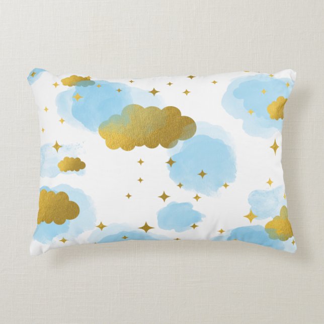 Coussins Décoratifs Aquarelle bleue Nuages Gold Stars Sky (Devant)