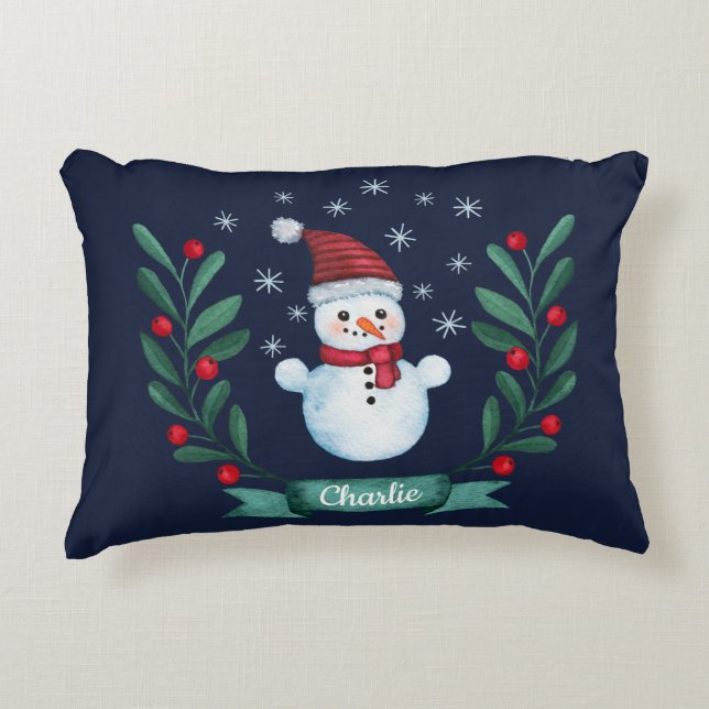 Coussins Décoratifs Aquarelle de Noël Snowman Custom Navy Blue (Devant)