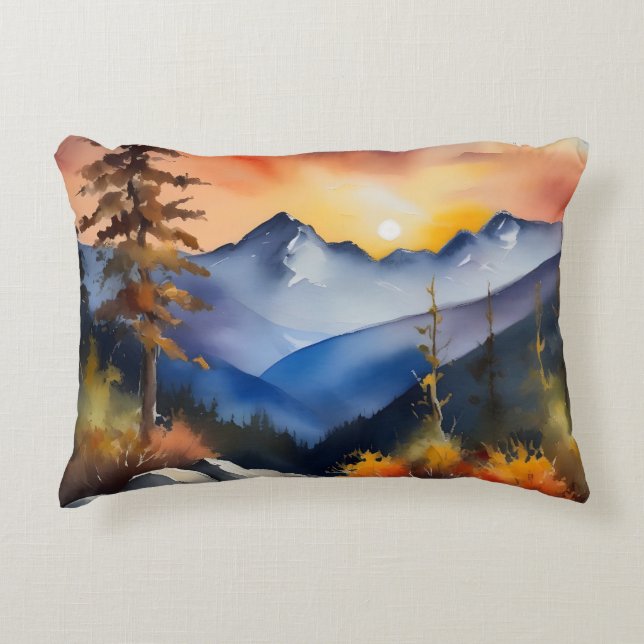 Coussins Décoratifs Aquarelle du lever du soleil sur les montagnes enn (Devant)