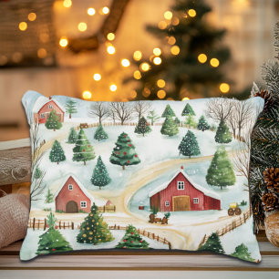 Coussins Décoratifs Aquarelle Hiver Paysage rustique avec Fir Trees