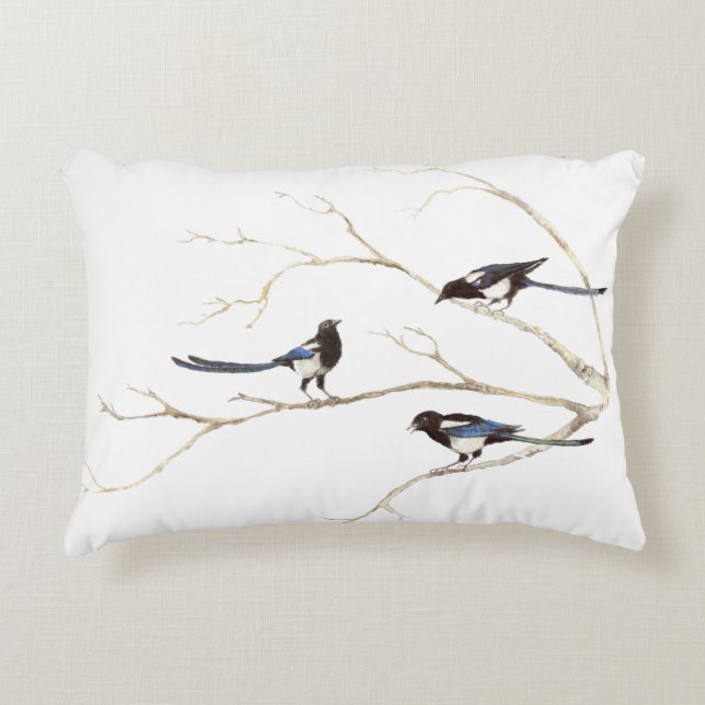 Coussins Décoratifs Aquarelle Magpie Bird Famille Chatte dans l'arbre (Devant)
