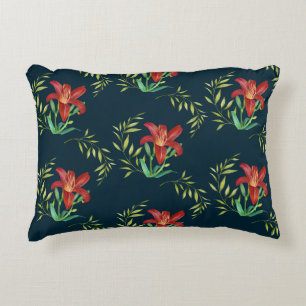 Coussins Décoratifs Aquarelle Orange Lily Illustration Turquoise foncé