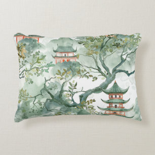 Coussins Décoratifs Aquarelle Pagode asiatique dans paysage verdoyant 