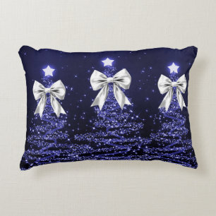 Coussins Décoratifs Arbres scintillants de Noël Navy Faux Nœud Argenté