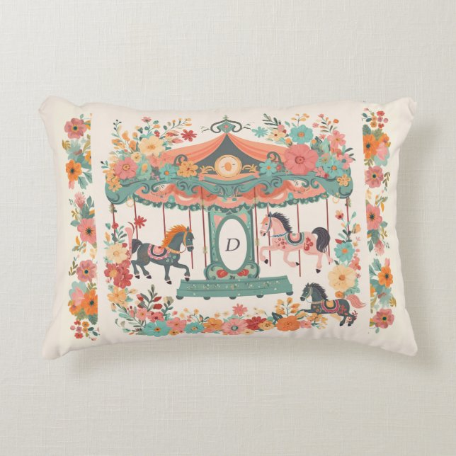 Coussins Décoratifs Beau Carrousel Floral Cheval Monogramme Personnali (Devant)