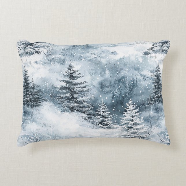 Coussins Décoratifs Blanc Bleu Arbres de Noël Neige d'hiver (Devant)