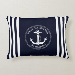 Coussins Décoratifs Bleu Nuit Marin Bandes d'Ancre Blanches Nom du Bat