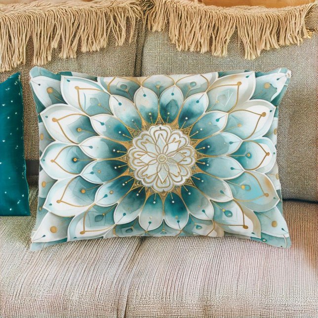 Coussins Décoratifs Blue Turquoise Gold Floral Mandala (Créateur téléchargé)