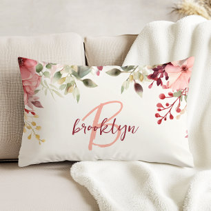 Coussins Décoratifs Blush Rose Bourgogne Floral Script Monogramme