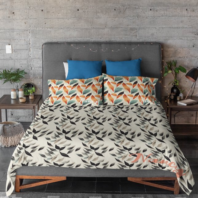 Coussins Décoratifs Boho artistique orange bleu noir feuilles (Créateur téléchargé)