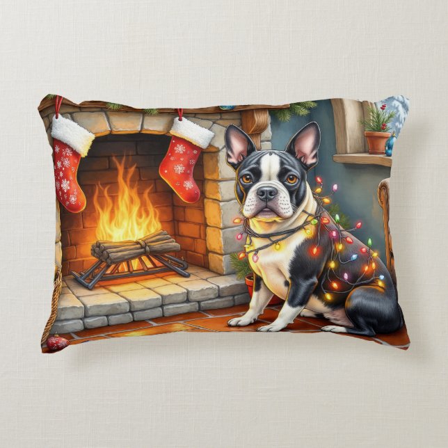 Coussins Décoratifs Boston Terrier Fireplace with Christmas Lights (Devant)