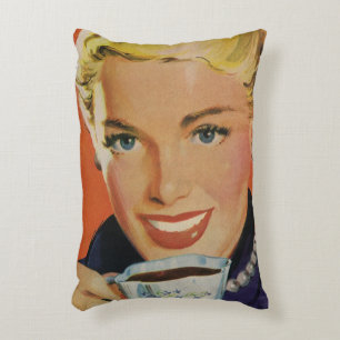 Coussins Décoratifs Café Vintage, Femme Heureuse avec Tasse de Café Ré