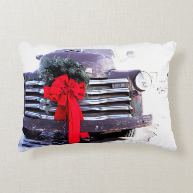 Coussins Décoratifs Camion d'antiquité avec couronne de Noël festive (Devant)