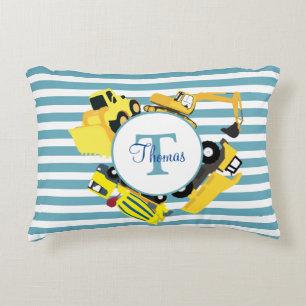 Coussins Décoratifs Chariots de construction Bleu rayures Monogramme