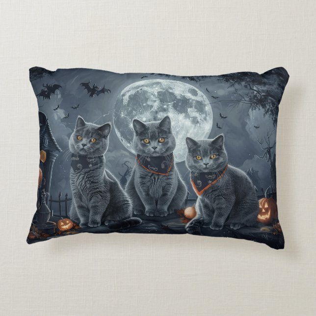 Coussins Décoratifs Chats Bleus Russe Halloween Éffrayant (Dos)