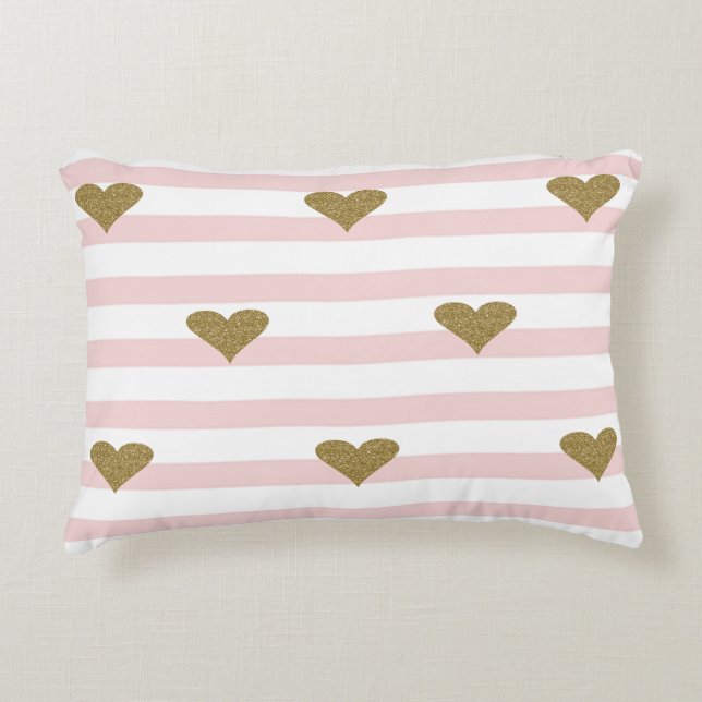 Coussins Décoratifs Chic Faux Gold Glittery Hearts Pink Stripes (Devant)