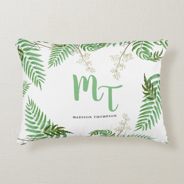 Coussins Décoratifs Chic Moderne Aquarelle Verdure Script Monogramme (Devant)
