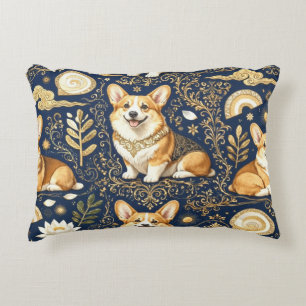 Coussins Décoratifs Chiens Corgi Élégants Or Damassé Bleu Nuit 