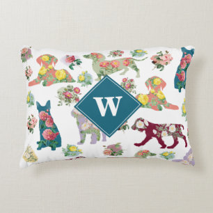 Coussins Décoratifs Chiens Motif et Vintage Aquarelle Fleurs Monogramm