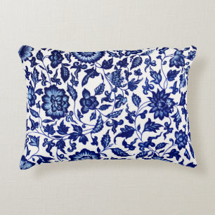 Coussins Décoratifs Chinois bleu marine foncé motif floral sur blanc