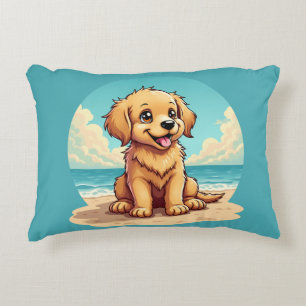Coussins Décoratifs Chiot doré mignon sur une scène de plage ensoleill