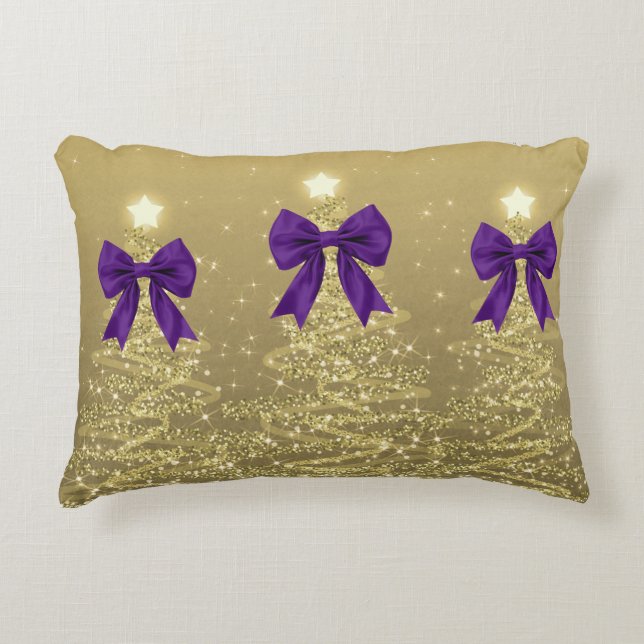 Coussins Décoratifs Christmas Sparkling Trees Gold Faux Purple Bow  (Devant)