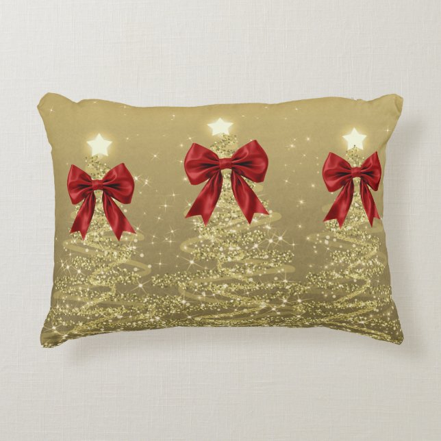 Coussins Décoratifs Christmas Sparkling Trees Gold Faux Red Bow  (Devant)