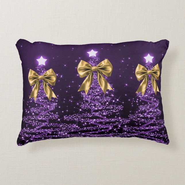 Coussins Décoratifs Christmas Sparkling Trees Purple Faux Gold Bow  (Devant)