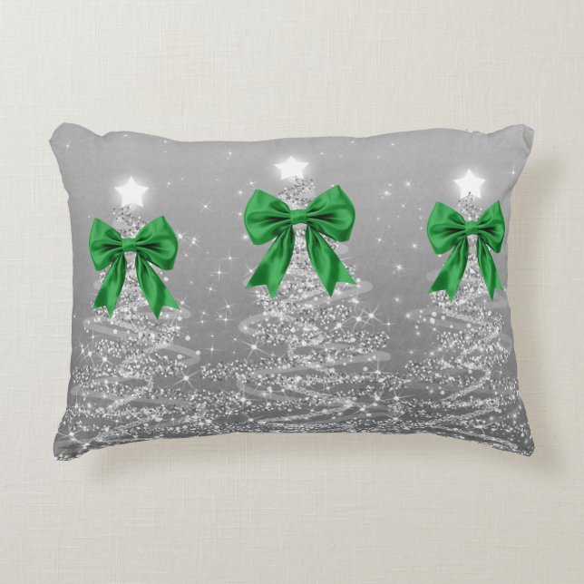 Coussins Décoratifs Christmas Sparkling Trees Silver Faux Green Bow  (Devant)