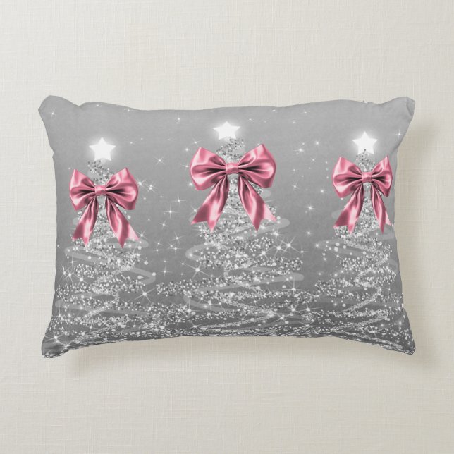 Coussins Décoratifs Christmas Sparkling Trees Silver Faux Pink Bow  (Devant)