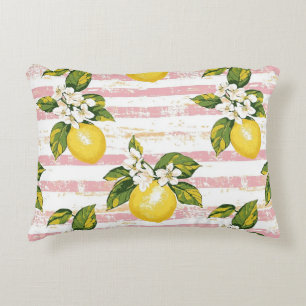 Coussins Décoratifs Citrons et fleurs vintages sur bandes rose et blan