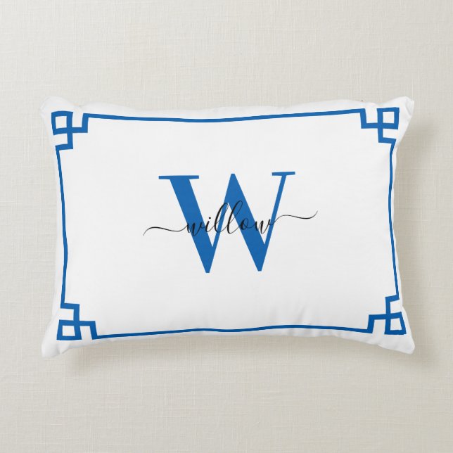 Coussins Décoratifs Clé grecque bleue et blanche Monogramme (Devant)