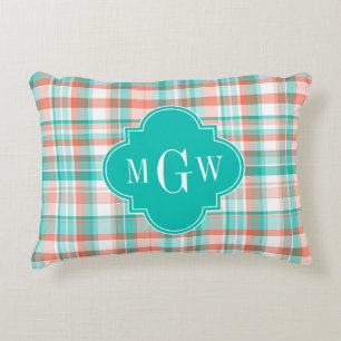 Coussins Décoratifs Corail sarcelle blanc Madras prépa Monogramme