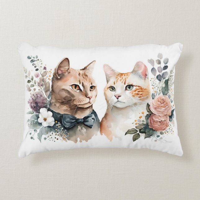 Coussins Décoratifs Couple Chat Aquarelle Sur Blanc (Devant)