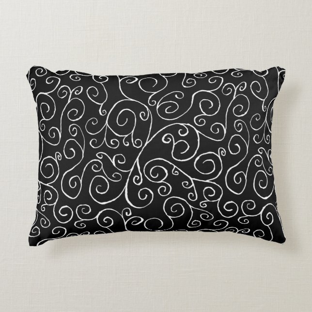 Coussins Décoratifs Courbes de défilement blanches sur noir (Devant)