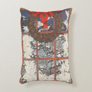 Coussins Décoratifs Couronne de Noël vintage dans une fenêtre avec de