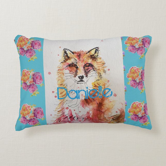 Coussins Décoratifs Cute Red Fox Animal Turquoise Rose Roses (Devant)