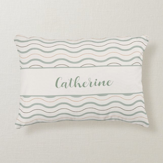 Coussins Décoratifs Décor Vagues Nautiques Vert Sauge et Marron (Devant)