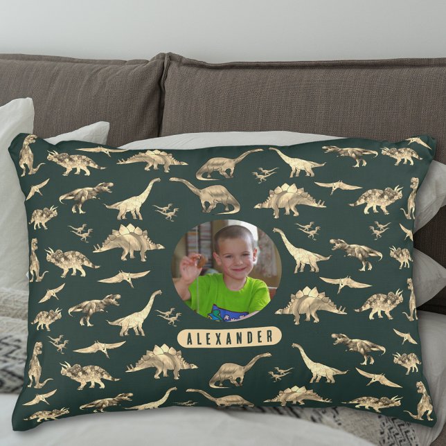 Coussins Décoratifs Dinosaur Personnalisé Garçons Photo et nom (Dinosaur pattern personalized name and photo boys brown and green pillow T-Rex velociraptor dinos)
