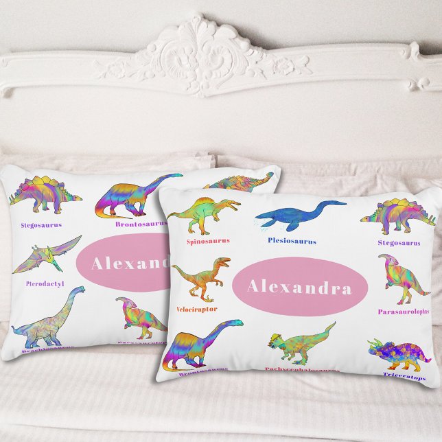 Coussins Décoratifs Dinosaure pour filles personnalisées (Colorful dinosaurs with names custom pink pillow for girls that love dinos T-Rex velociraptor )
