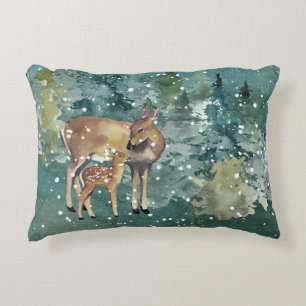 Coussins Décoratifs Doe Fawn Deer in Forest Snowfall