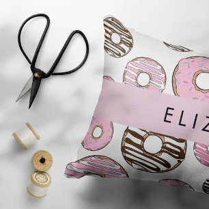 Coussins Décoratifs Donuts Roses, Donuts Blancs, Sprinkings, Votre Nom