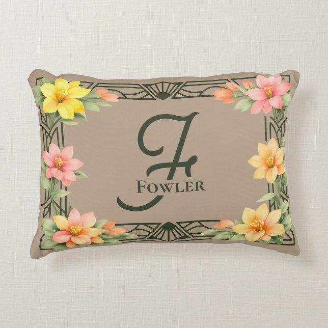 Coussins Décoratifs Elegant Art Deco Floral Monogram Family Name (Devant)