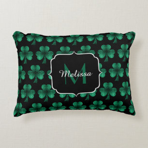 Coussins Décoratifs Emerald Green Sparkle Shamrock noir Monogramme