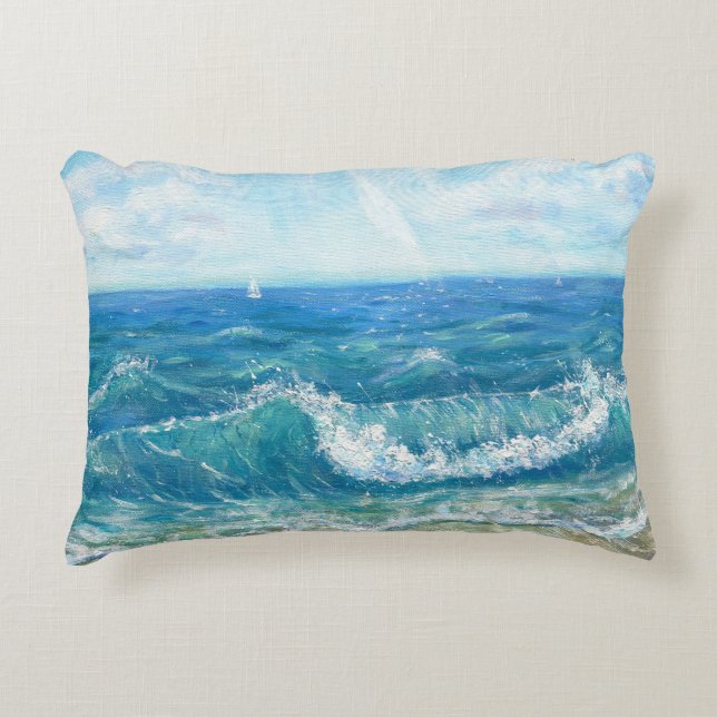 Coussins Décoratifs Eté, vagues bleues, peinture acrylique. (Devant)