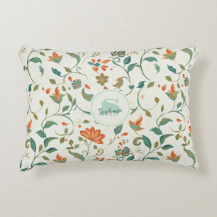 Coussins Décoratifs Feuilles bleu vintage et motifs floraux orange